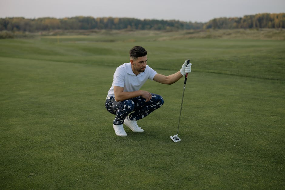 A man in a white polo shirt and patterned pants kneels on a golf course, preparing to putt.